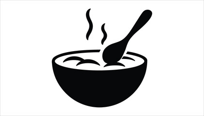 Minimalist Black Bowl and Spoon with Steam Graphic, Soup or Porridge Symbol