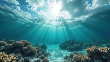 Obraz premium Sunlight filtering through water illuminating bleached coral reef and damaged marine habitat 