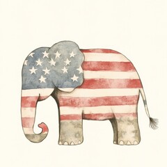 Hand drawn watercolor illustration of full body cute little Americana patriotic elephant