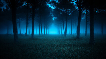 Fototapeta premium Dark enchanted forest bathed in eerie blue mist, creating a mysterious and surreal atmosphere for horror themes, fantasy storytelling, and cinematic designs
