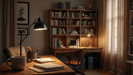 Cozy home office interior with a wooden desk, bookshelf, and warm lighting creating a serene working atmosphere with copy space