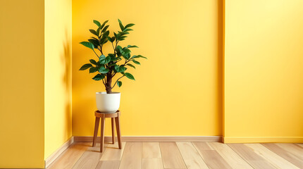 Sunlit Minimalist Interior: A single, vibrant green plant in a minimalist white pot stands elegantly in a sun-drenched room against a textured wall. The sunlight casts a warm shadow. natural glow