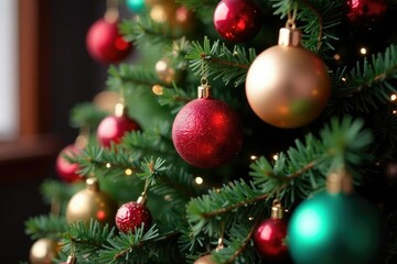 A cluttered Christmas tree with mismatched balls and bells, garlands, bells