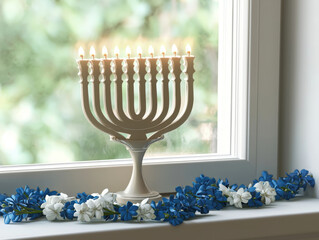 menorah with lit candles on windowsill, surrounded by blue and white flowers, creates serene atmosphere