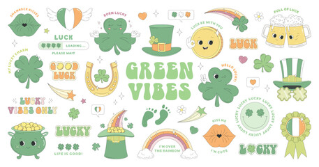 St. Patrick's Day stickers. Clover, leprechaun hat, Irish beer, horseshoe, gold coin, rainbow, pot of gold, ribbon rosette. Sticker pack of cartoon characters and elements in groovy retro style.