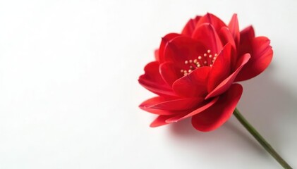 Velvety red flower with soft delicate petals against pure white backdrop, red flower, blossoms