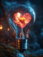 Light bulb with heart shaped flower inside photographic photorealistic dark mystical atmosphere cinematic lighting cozy room background soft shadows light blue and muted red colors highly detailed