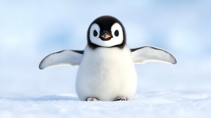 Fototapeta premium Cute penguin chick on Antarctic ice, wings spread