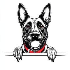 Minimalistic line art of a front facing Belgian Malinois headshot with the dog peeking over a ledge and front paws up The dog has a red collar and is holding a ball in her mouth Clean black and white
