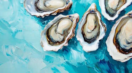 Oil painting style visible paint and brush strokes oysters opened filling the screen minimalistic background light blue background