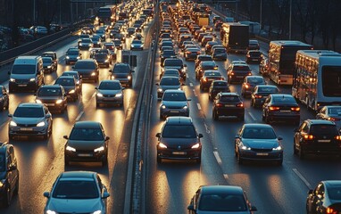 Professional stock photo of a Massive traffic jam with electric and gas-powered cars on a highway