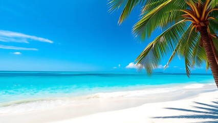 Tropical Beach Scene – Turquoise Ocean, Clear Blue Skies, and Lush Palm Leaves – Perfect for Travel Promotions and Vacation Ads