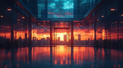 Cityscape sunset view from modern office lobby