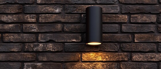 A single dark gray/black cylindrical outdoor lamp fixture mounted on a weathered dark brown brick wall