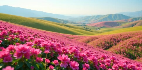 Fototapeta premium Rolling hills of pink flowers in a potato field, landscape, fields, blooms