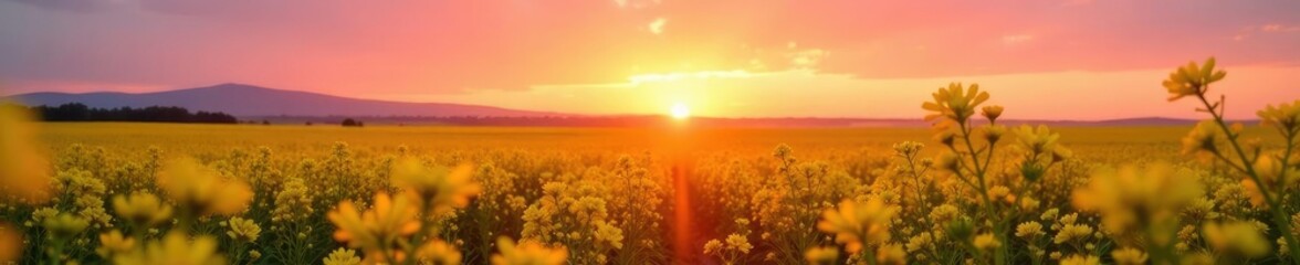Soft pink and orange light wash over a sea of blooming canola, countryside, sunset