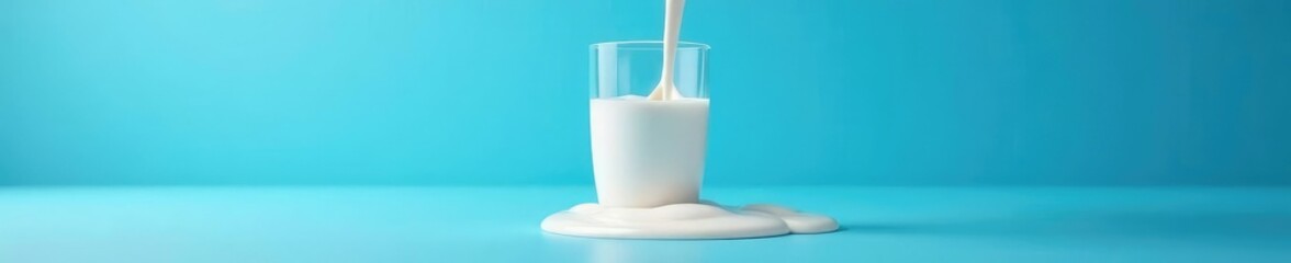 Gentle pour of milk into a glass on a blue background spills onto the table, glass, blue