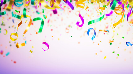 Fototapeta premium Colorful falling confetti and ribbons on a bright background perfect for celebration themes, party invitations, and festive event designs