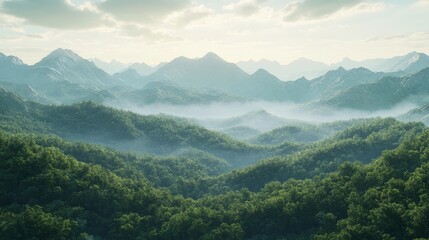 Fototapeta premium Rolling mountains mountain forests covered with dense vegetation The sky with thin clouds a light mist pervading the mountains Soft light creating a peaceful and distant atmosphere