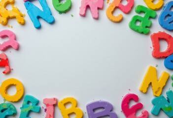 Fototapeta premium Colorful Foam Alphabet Letters Circular Arrangement White Background - Engaging Educational Toys Early Childhood Learning Development Activities