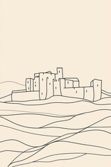 Obraz premium Simple line art drawing of tuscan hills with a castle like villa light beige background