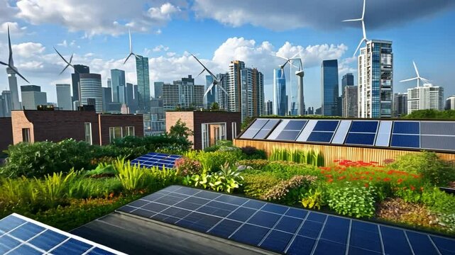 Rooftop garden with solar panels, windmills, and city skyline depicting renewable energy in urban settings.