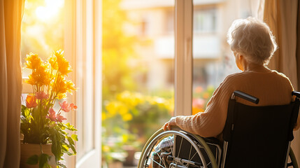 An elderly woman in a wheelchair gazes out of a sun-drenched window, her silhouette highlighting her thoughtful pose in a moment of reflection and peaceful contemplation.