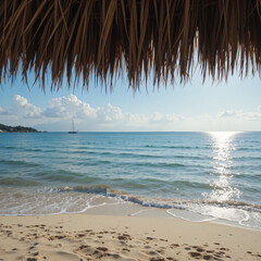 Relaxing Beach View with Sandy Shore and Ocean Waves under Shade