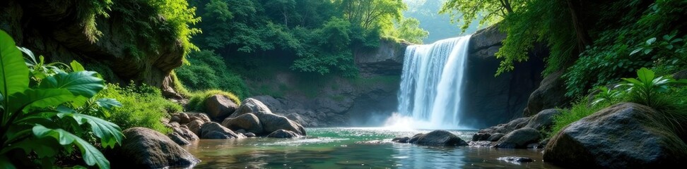 Fototapeta premium Rocky outcrops jutting out from a lush jungle floor near a cascading waterfall, foliage, waterfall, landscape