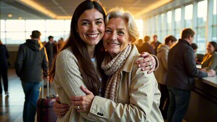 Joyful reunion at bustling airport terminal with embracing travelers