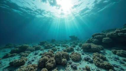 Fototapeta premium Sunlight shining over bleached coral reef with damaged marine ecosystem 