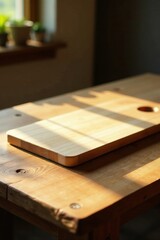 Sunlight Illuminates a Rustic Wooden Cutting Board Resting on a Simple Wooden Table