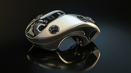 Futuristic silver device, sleek design, dark background, technology concept