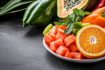 Fresh Fruit and Vegetable Slice Arrangement on a Dark Background