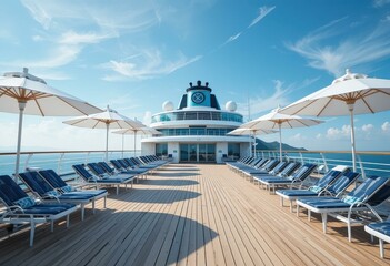 Obraz premium Luxury Cruise Ship Deck Blue Lounge Chairs Umbrellas Clear Blue Sky - Summer Vacation Marketing, Travel Agencies, Cruise Line Promotions