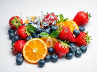 Obraz premium Fresh strawberries, blueberries, and orange slices surrounded by splashing water droplets, fruit, natural, vitamins