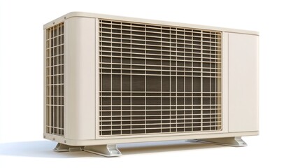 Beige outdoor air conditioning unit isolated on white background.