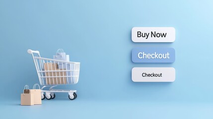 Shopping Cart with Checkout Buttons on Blue Background