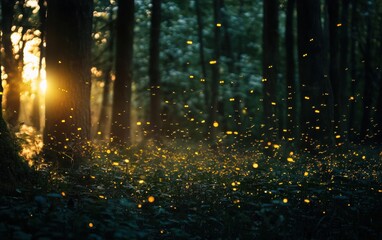 Professional stock photo of a Fireflies Glowing in a Dark Forest at Dusk