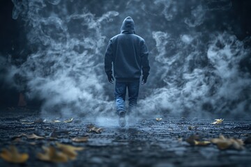 Obraz premium A man in a hoodie walks through a foggy landscape, creating an atmosphere of mystery and solitude as he navigates the obscured surroundings.