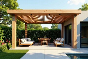 Fototapeta premium Relaxing Outdoor Patio Design with Wooden Pergola and Comfortable Seating