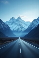 A scenic road stretches through majestic snow-capped mountains under a serene blue sky, perfect for travel and adventure themes.