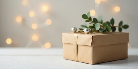 A thoughtfully wrapped gift box adorned with greenery and metallic accents sits on a white surface, gently illuminated by a soft bokeh background.