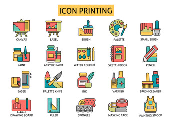 This image features a colorful collection of artistic printing equipment icons. It includes tools such as brushes, palettes, canvas, paints, sketchbooks, rulers, and sponges