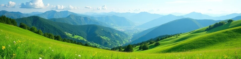 Rolling hills and mountains with lush green vegetation, scenery, summer, mountain range
