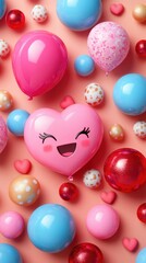 A vibrant heart-shaped balloon is prominently displayed, encircled by an assortment of colorful candies, creating a festive and cheerful atmosphere.