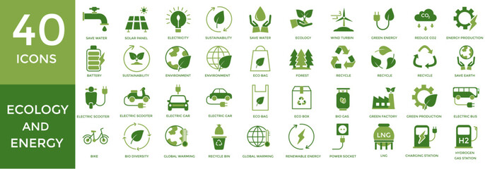 set of green eco ecology and power energy icons, sign, symbol, vector illustration of eco design of renewable energy and sustainability