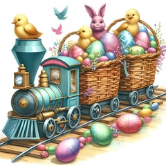 Easter train, carriages in the form of baskets, watercolor