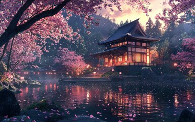 Obraz premium Professional stock photo of a Traditional Japanese Temple Surrounded by Cherry Blossoms