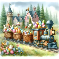 Easter train, carriages in the form of baskets, watercolor